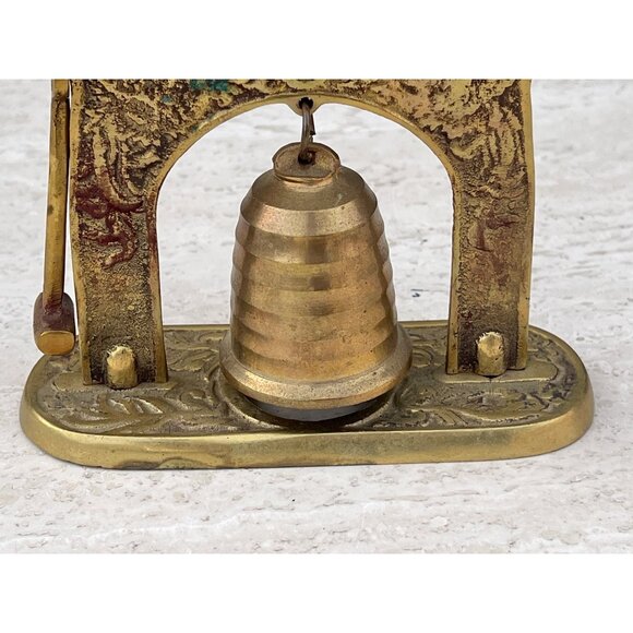Brass Japanese Inspired Temple Bell Hammer & Gong   Ornate Vintage Cross Striker - Picture 3 of 11